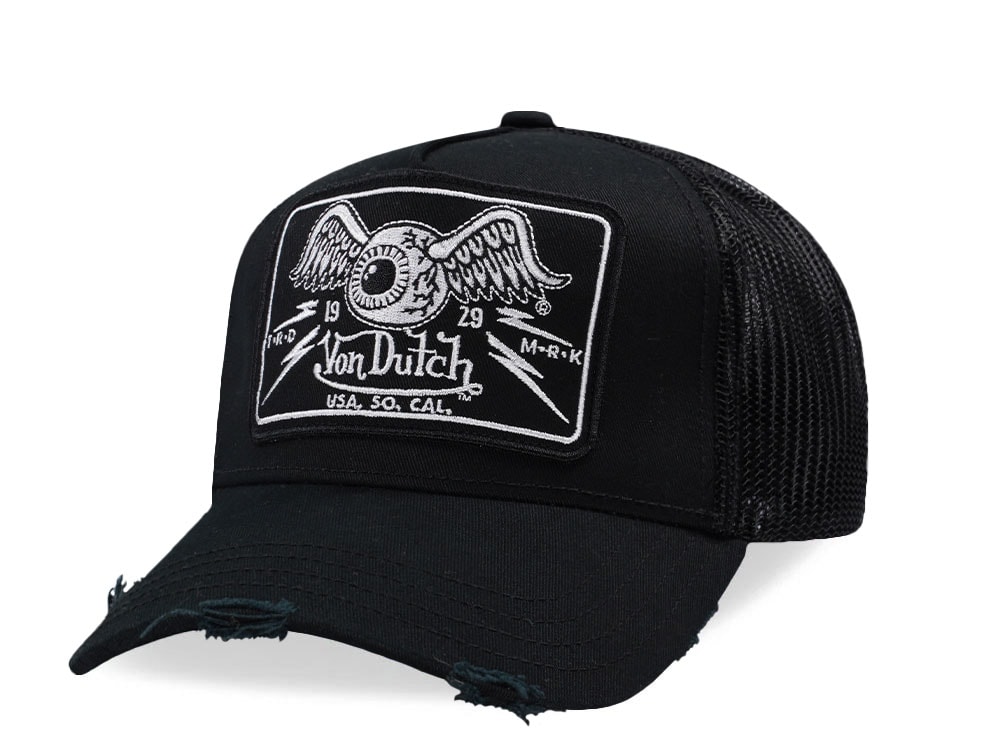 Von Dutch Square Patch Distressed Black Trucker Snapback Casquette