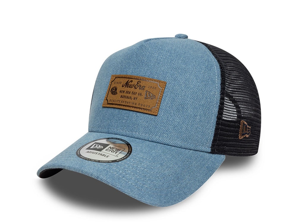 New Era Navy Denim Leather Patch 9Forty A Frame Trucker Snapback Casquette