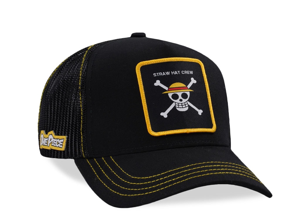 Capslab One Piece Straw Hat Crew Flag Black Trucker Snapback Casquette