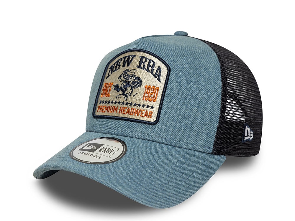 New Era Denim Patch Sky Blue 9Forty A Frame Trucker Snapback Casquette