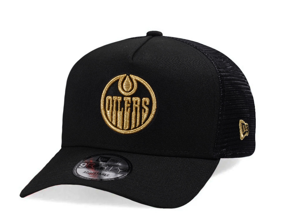 New Era Edmonton Oilers Metallic Gold Black Edition 9Forty A Frame Trucker Snapback Casquette