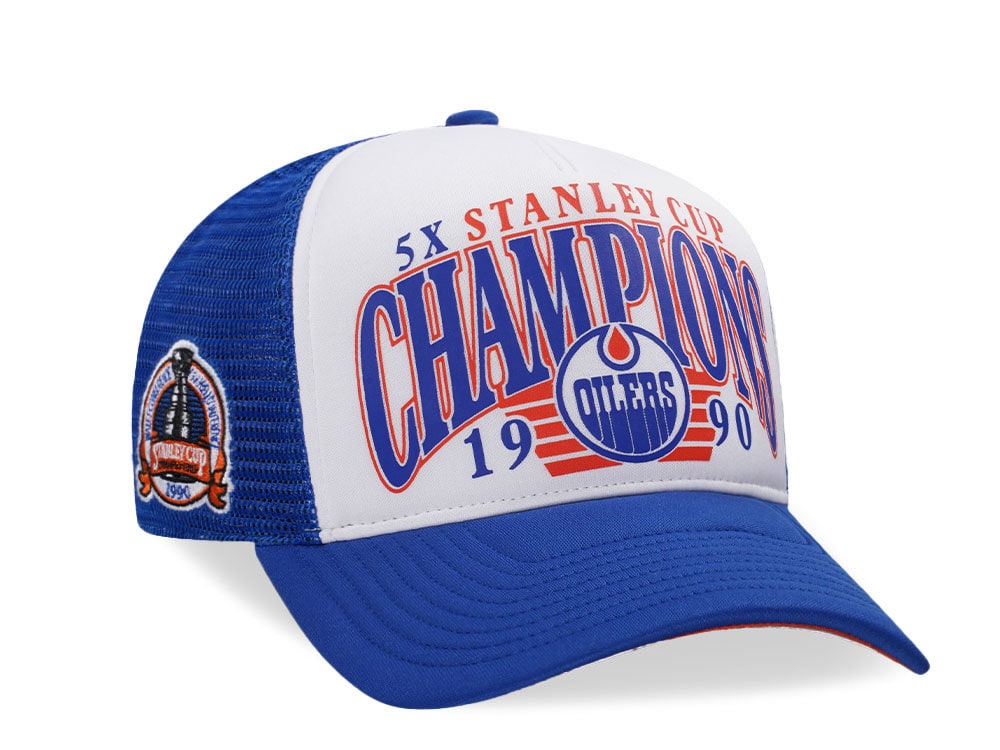 47Brand Edmonton Oilers Vintage 1990 Stanley Cup Blue Foam Champ Offside Trucker Snapback Casquette