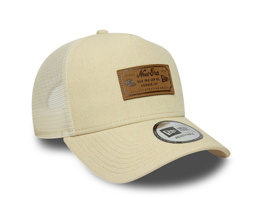 New Era Beige Denim Leather Patch 9Forty A Frame Trucker Snapback Casquette