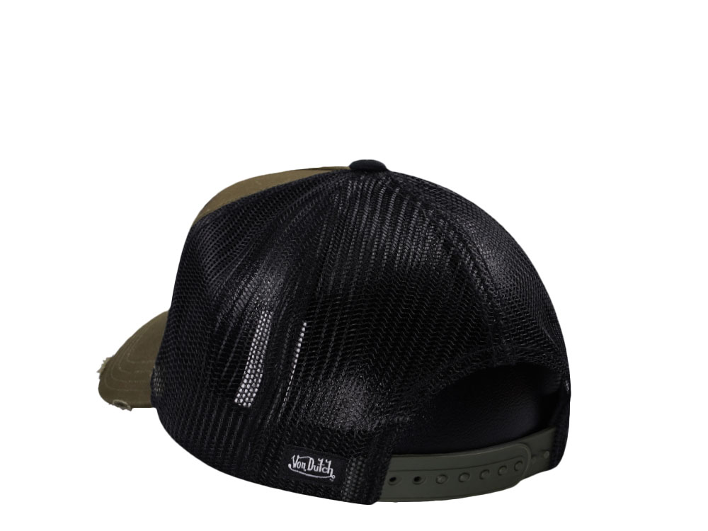 Von Dutch Square Patch Distressed Olive Trucker Snapback Casquette