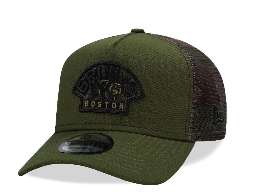New Era Boston Bruins Green Camo Trucker Edition 9Forty A Frame Snapback Casquette